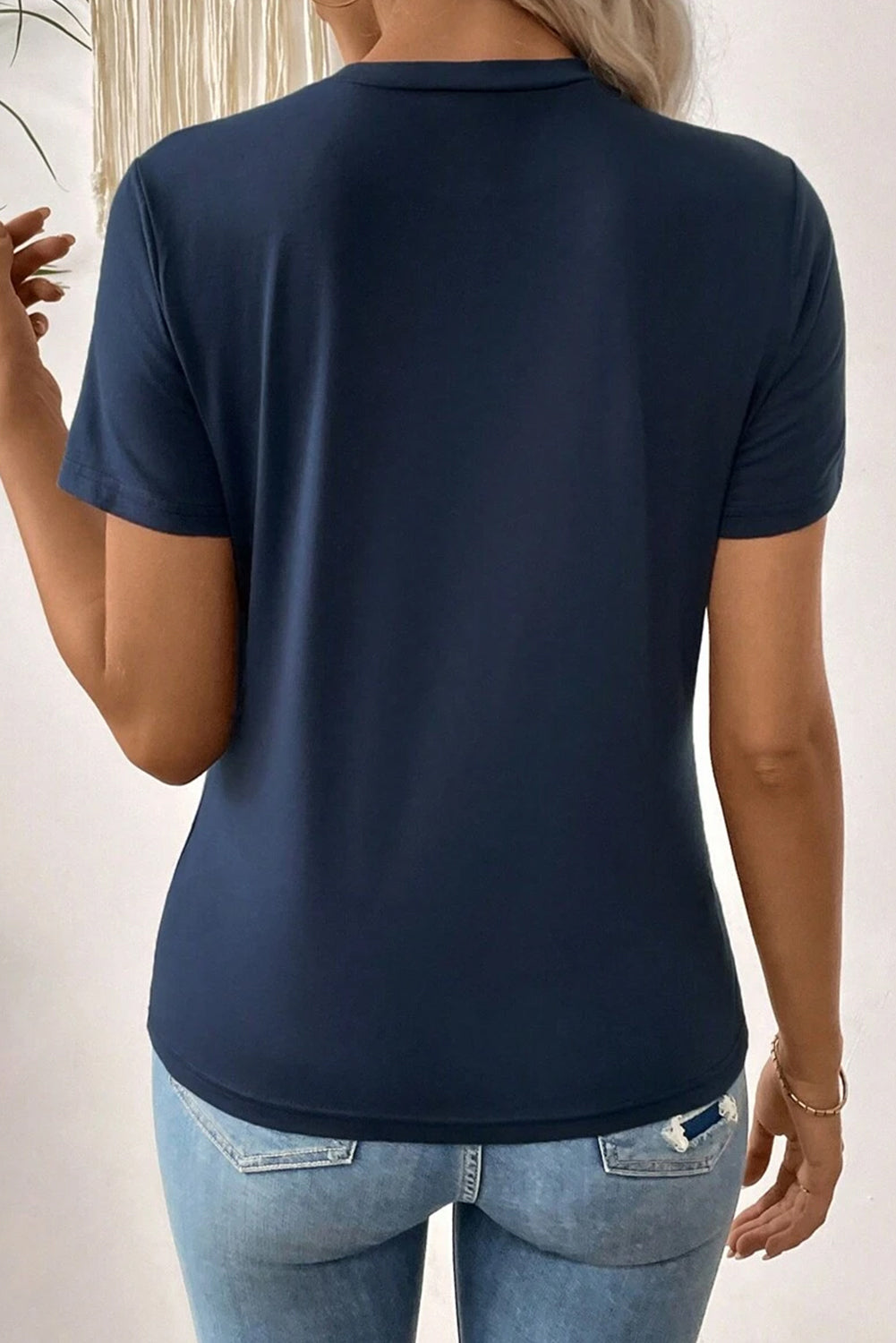 Dirty Blue Solid Color Toothpick Stripe Round Neck T Shirt-Tops/Tops & Tees-[Adult]-[Female]-2022 Online Blue Zone Planet