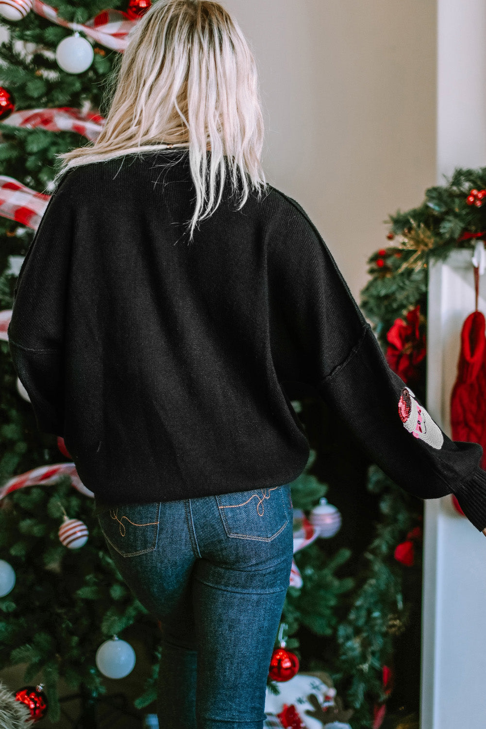 Black Sequined Santa Clause Bishop Sleeve Sweater-Sweaters & Cardigans/Sweaters-[Adult]-[Female]-2022 Online Blue Zone Planet