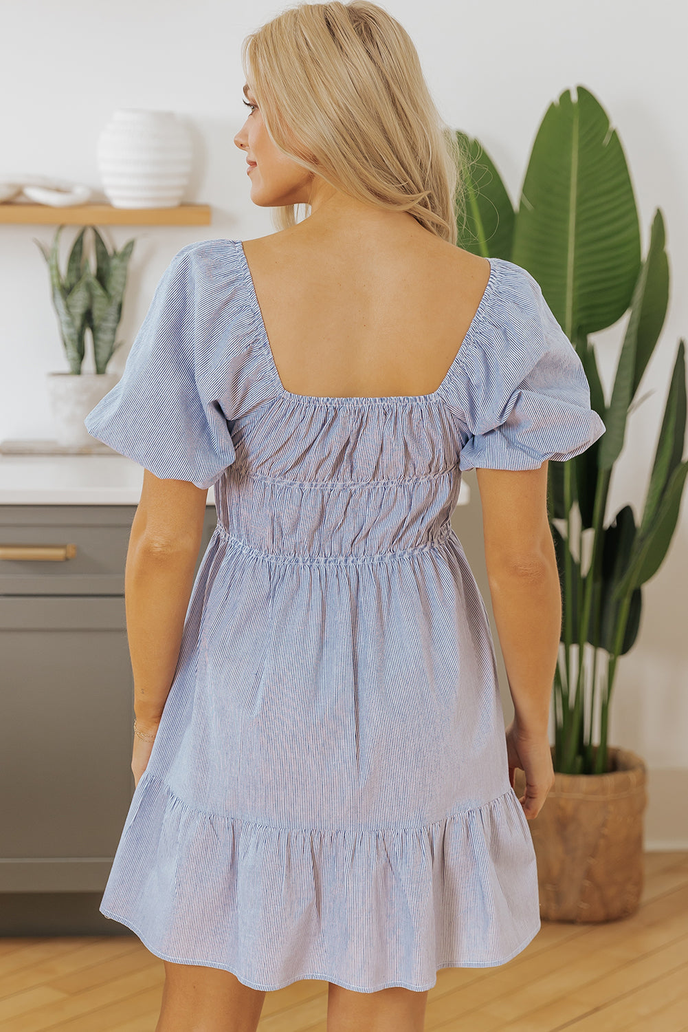 Sky Blue Stripe Bubble Sleeve Square Neck Ruched Pocketed Babydoll Dress-Dresses/Mini Dresses-[Adult]-[Female]-2022 Online Blue Zone Planet