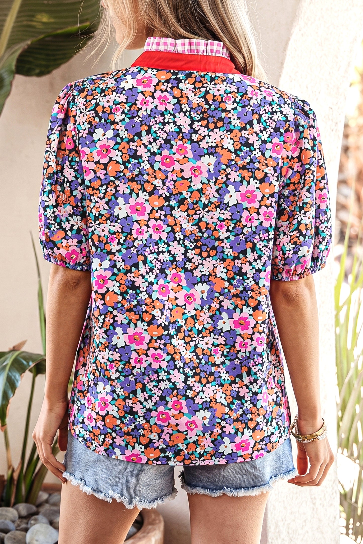 Purple Ditsy Floral Print Plaid Colorblock Trim V Neck Blouse-Tops/Blouses & Shirts-[Adult]-[Female]-2022 Online Blue Zone Planet