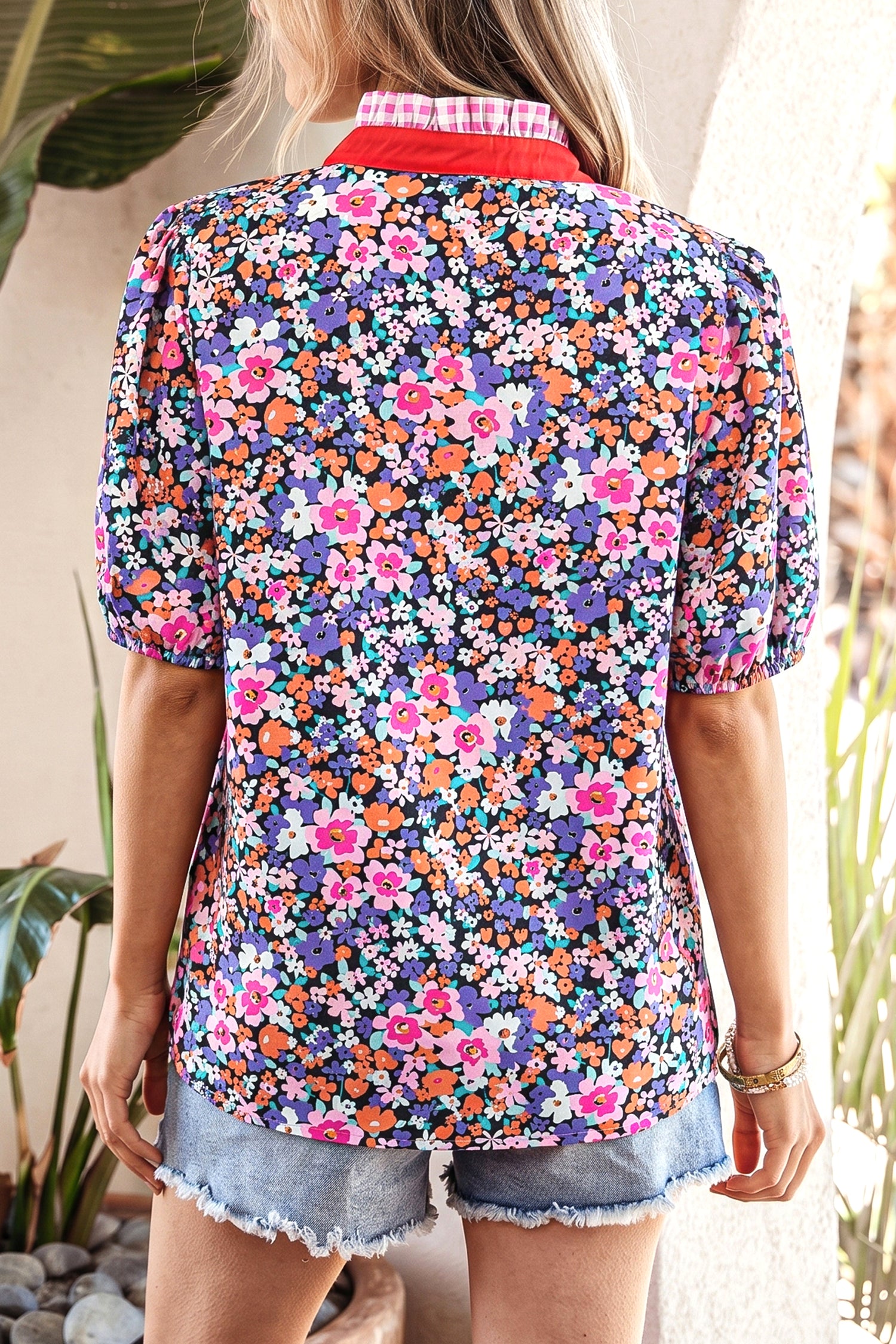 Purple Ditsy Floral Print Plaid Colorblock Trim V Neck Blouse-Tops/Blouses & Shirts-[Adult]-[Female]-2022 Online Blue Zone Planet