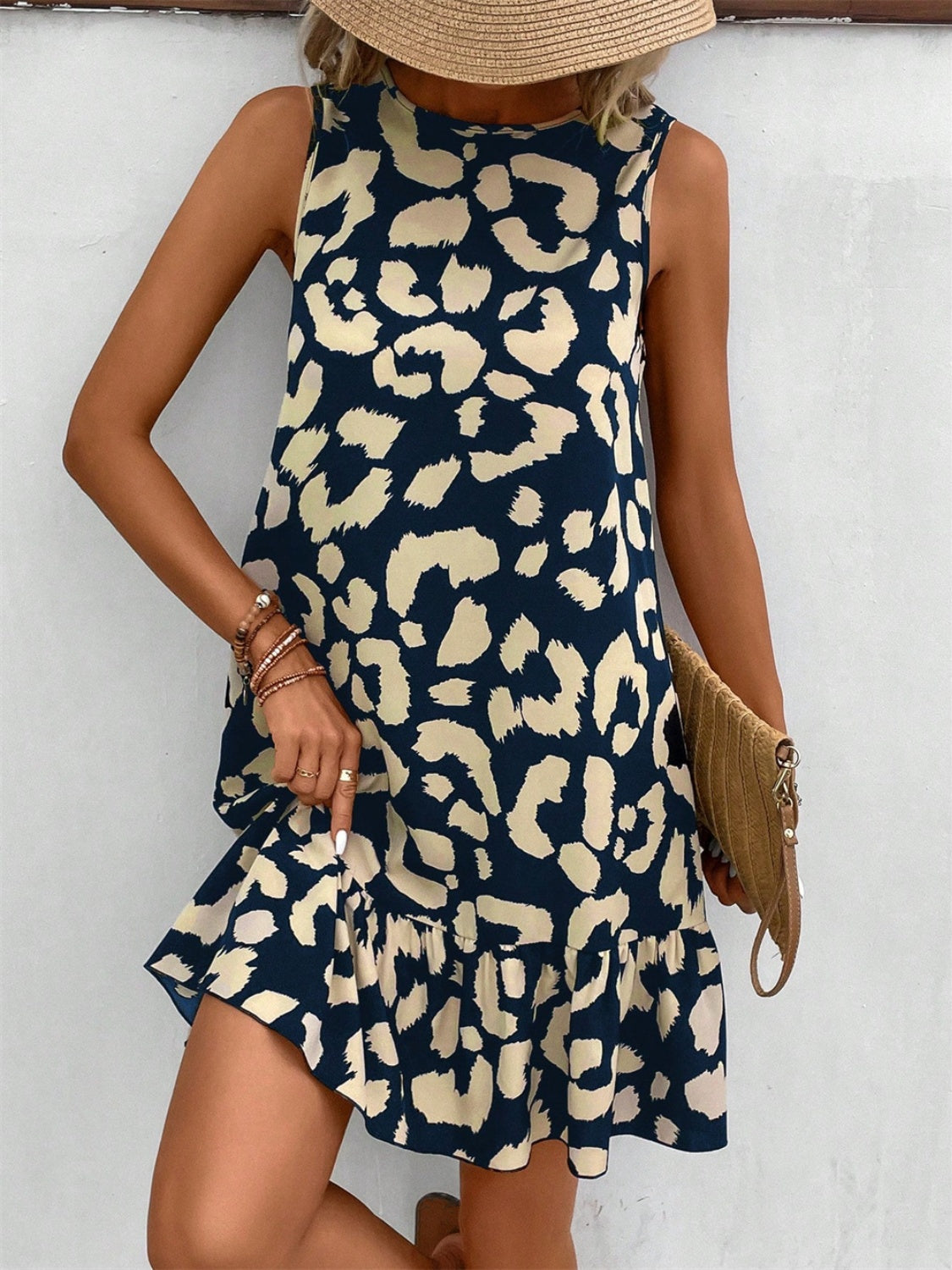 Tied Leopard Round Neck Tank Dress-TOPS / DRESSES-[Adult]-[Female]-2022 Online Blue Zone Planet