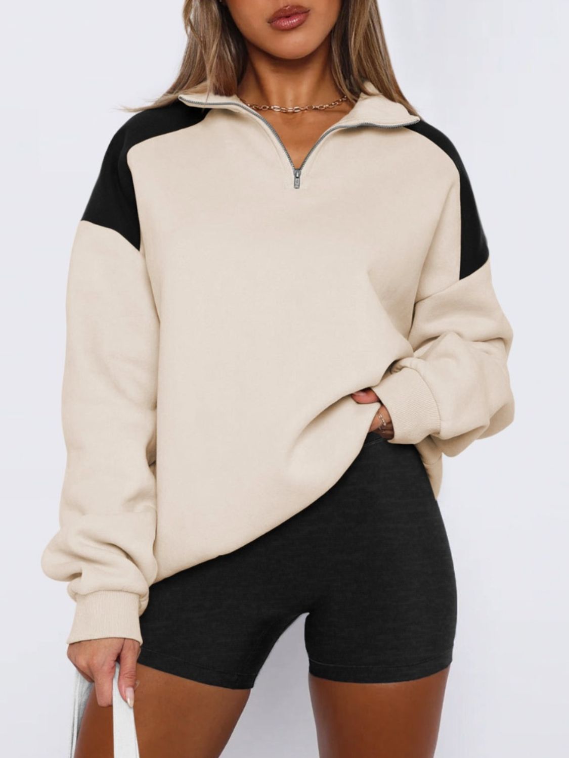 Contrast Quarter Zip Long Sleeve Sweatshirt-TOPS / DRESSES-[Adult]-[Female]-Tan-S-2022 Online Blue Zone Planet