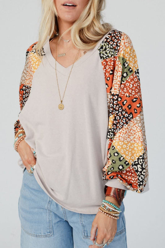 Parchment Contrast Printed Raglan Sleeves Patchwork V Neck Loose Top-Tops/Long Sleeve Tops-[Adult]-[Female]-Parchment-S-2022 Online Blue Zone Planet