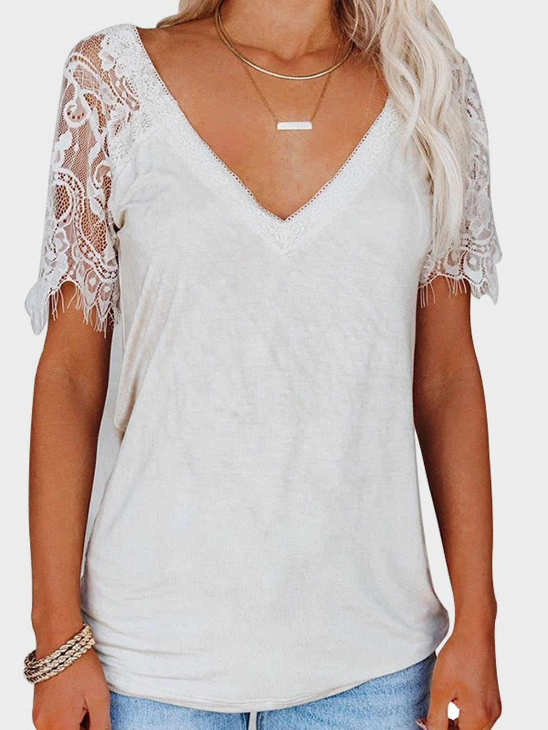 Lace Patchwork V-Neck Short Sleeve T-Shirt-TOPS / DRESSES-[Adult]-[Female]-White-S-2022 Online Blue Zone Planet