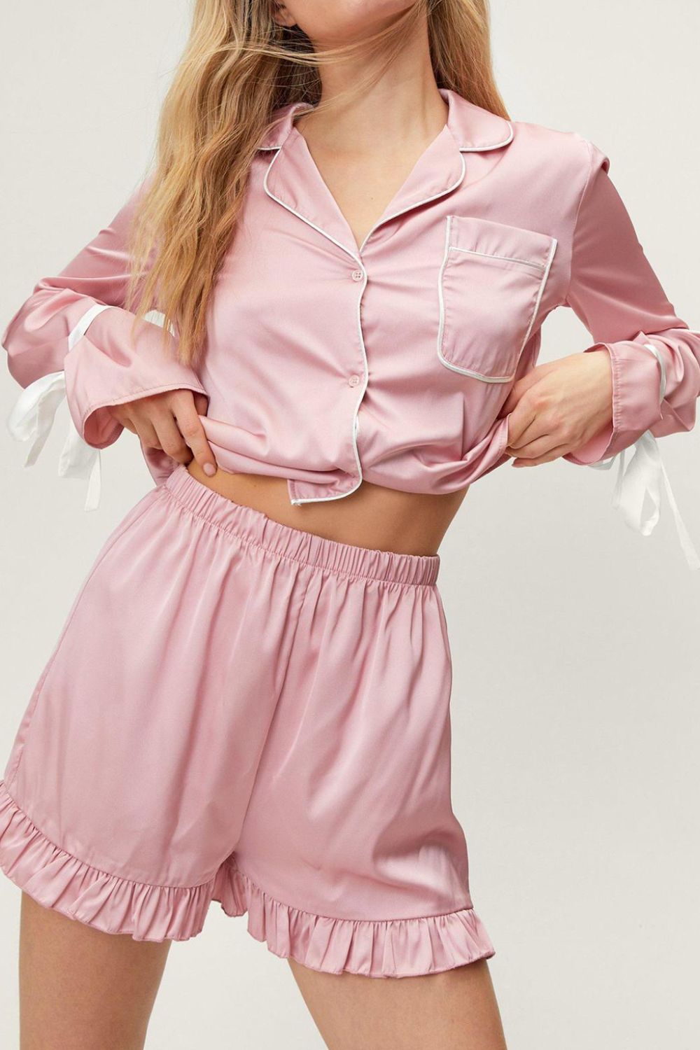 Basic Bae Tied Cuff Collared Neck Top and Frill Shorts Lounge Set-TOPS / DRESSES-[Adult]-[Female]-Blush Pink-S-2022 Online Blue Zone Planet