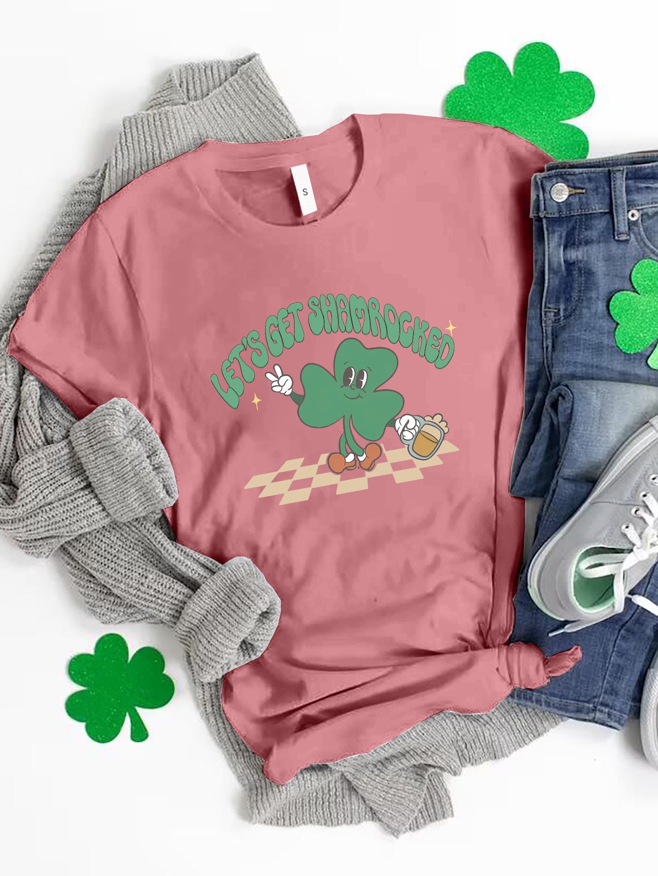 LET'S GET SHAMROCKED Round Neck T-Shirt-TOPS / DRESSES-[Adult]-[Female]-Pink Purple-S-2022 Online Blue Zone Planet