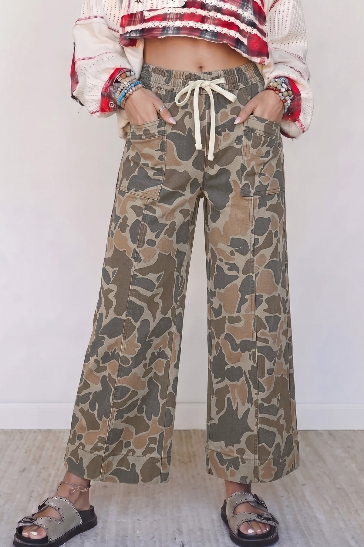 Multicolour Camouflage Print Drawstring Waist Pocket Shift Jeans
