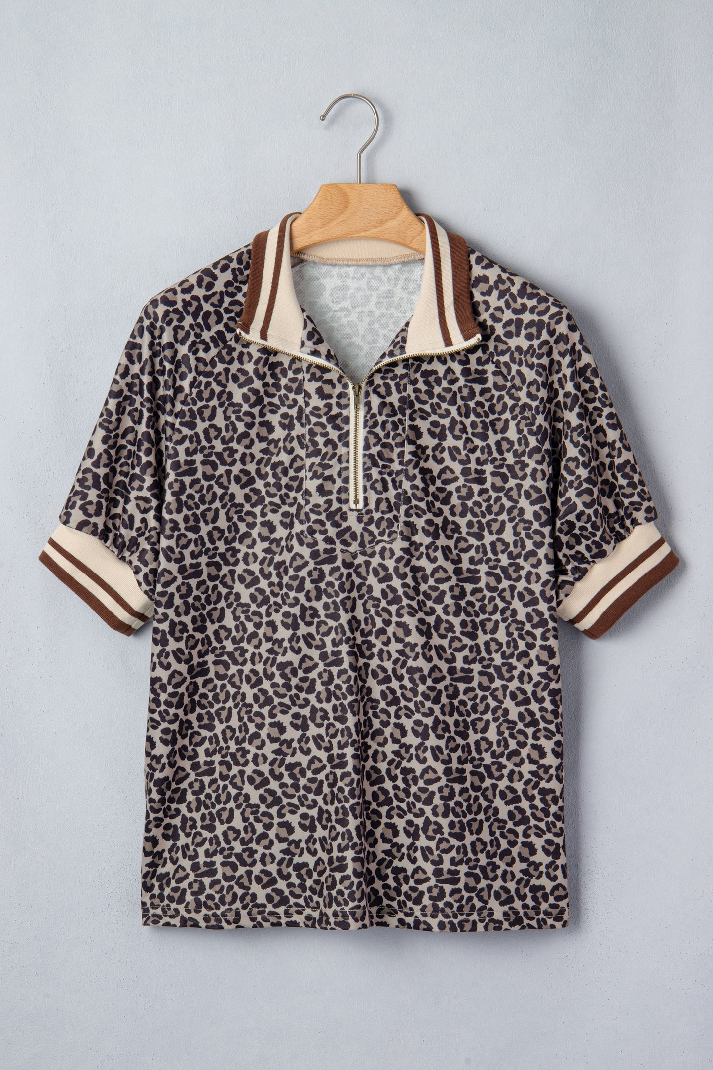 Khaki Leopard Print Half Zip Striped Trim Patchwork Short Sleeve Top-Tops/Blouses & Shirts-[Adult]-[Female]-2022 Online Blue Zone Planet
