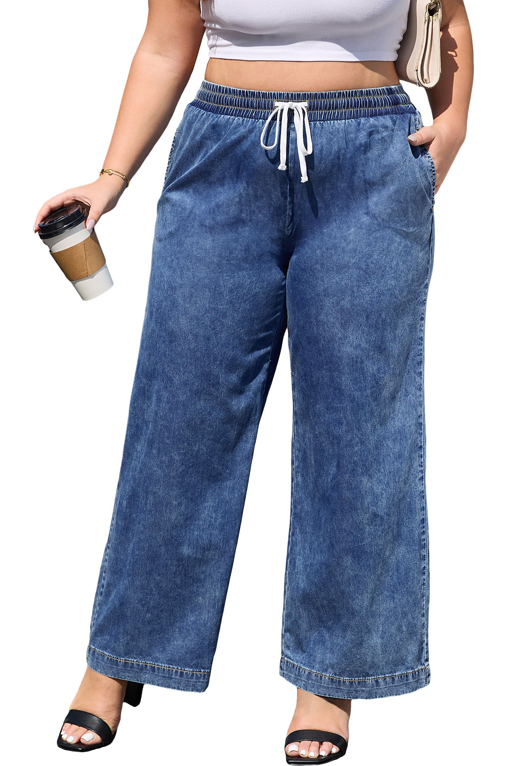 Blue Zone Planet | Dusk Blue Plus Size Drawstring High Waist Straight Leg Jeans-Plus Size/Plus Size Bottoms-[Adult]-[Female]-2022 Online Blue Zone Planet