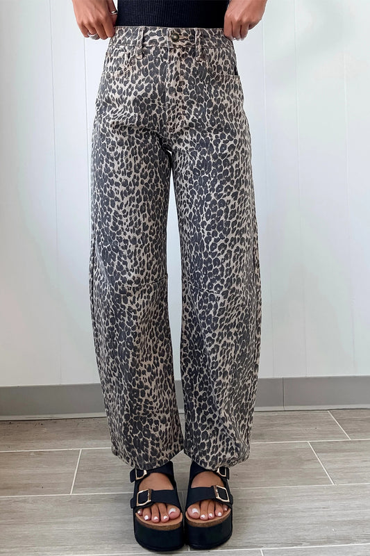 Black Leopard Print High Waist Barrel Jeans