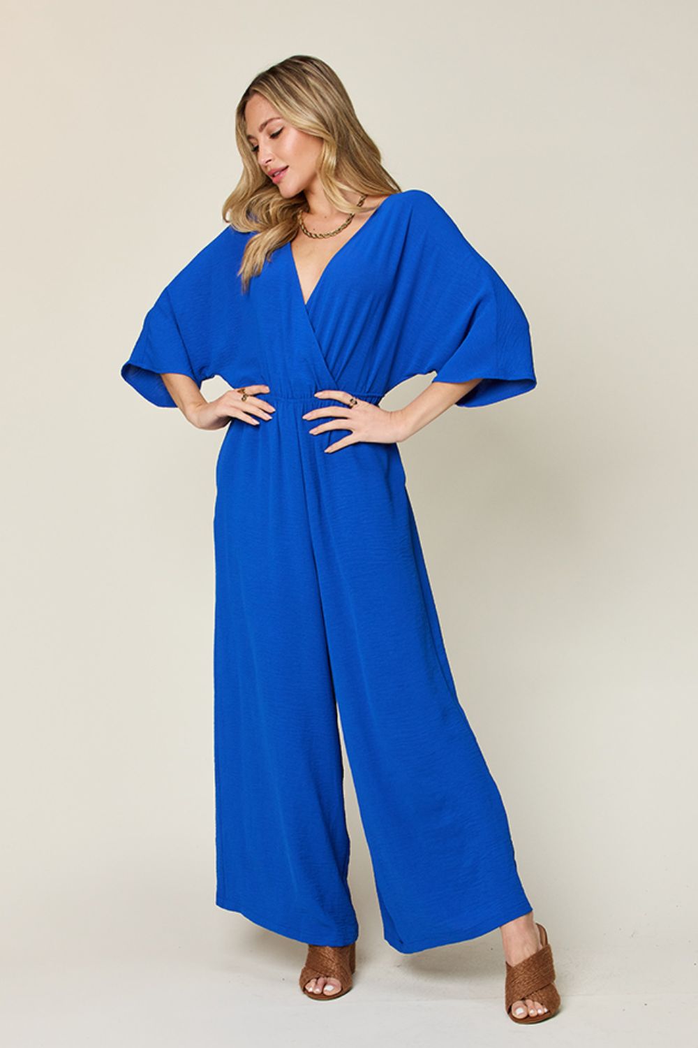 Double Take Full Size Surplice Wide Leg Jumpsuit with Pockets-TOPS / DRESSES-[Adult]-[Female]-Royal Blue-S-2022 Online Blue Zone Planet