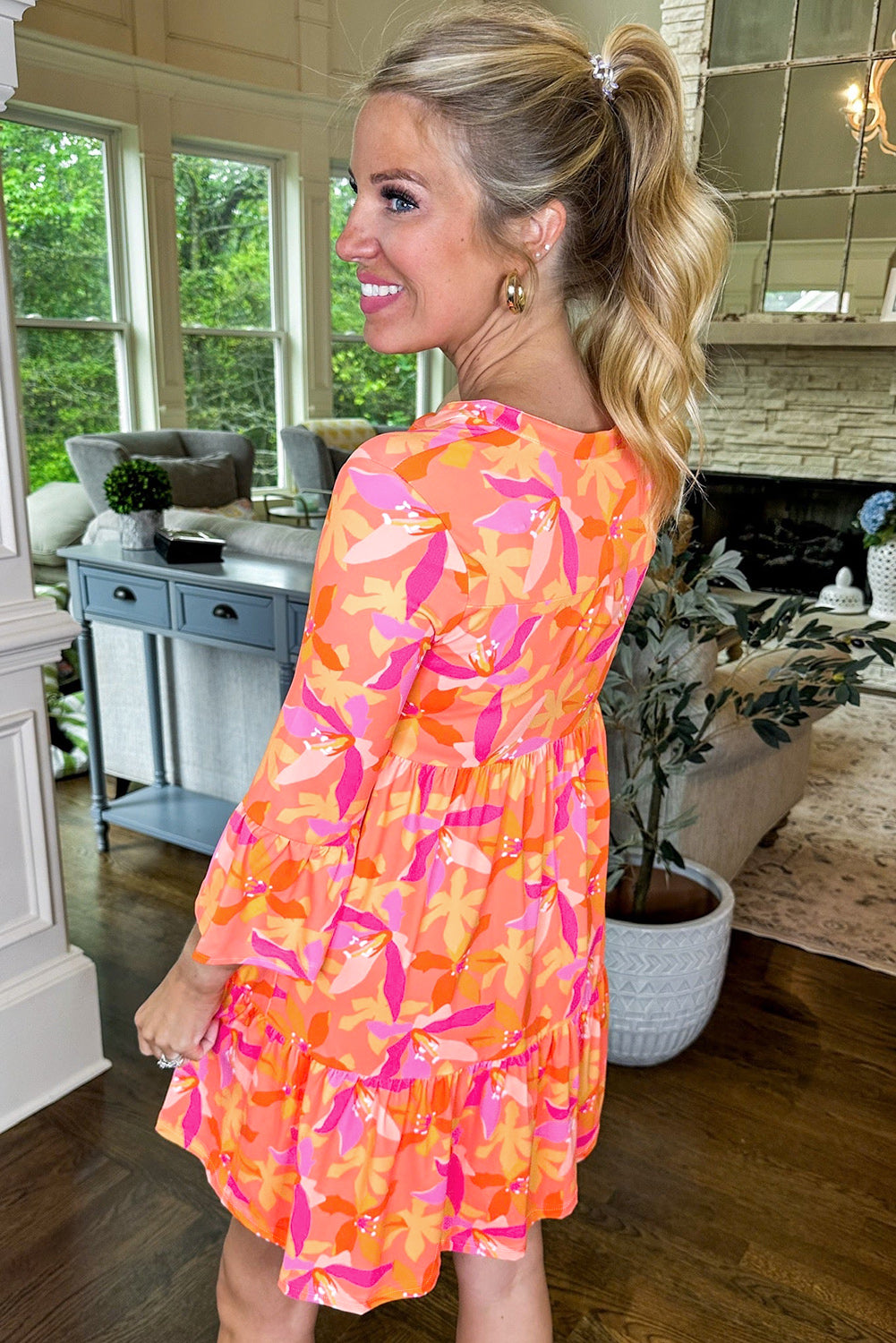 Orange Abstract Print Ruffled Sleeve V Neck Dress-Dresses/Mini Dresses-[Adult]-[Female]-2022 Online Blue Zone Planet