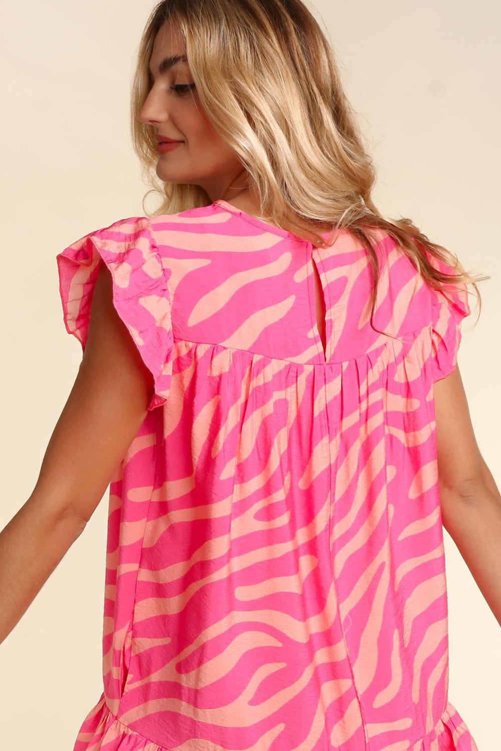 Blue Zone Planet |  Pink Zebra Stripe Printed Ruffle Trim Pocketed Dress Blue Zone Planet