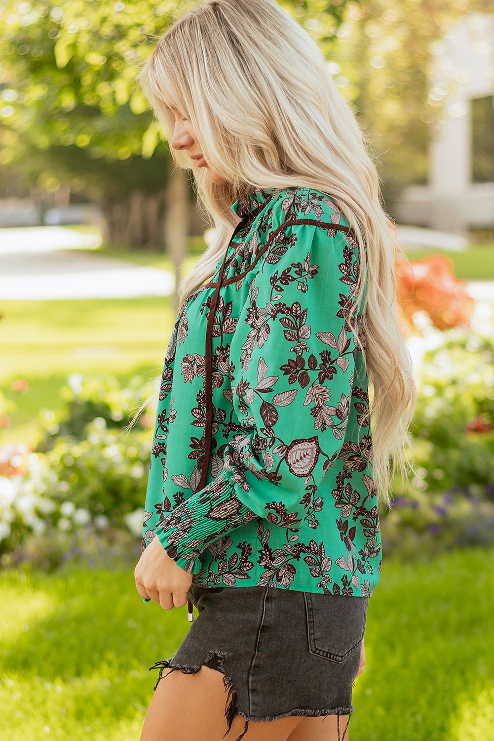 Green Leaves Print Contrast Trim V Neck Shirred Puff Sleeve Blouse-Tops/Blouses & Shirts-[Adult]-[Female]-2022 Online Blue Zone Planet