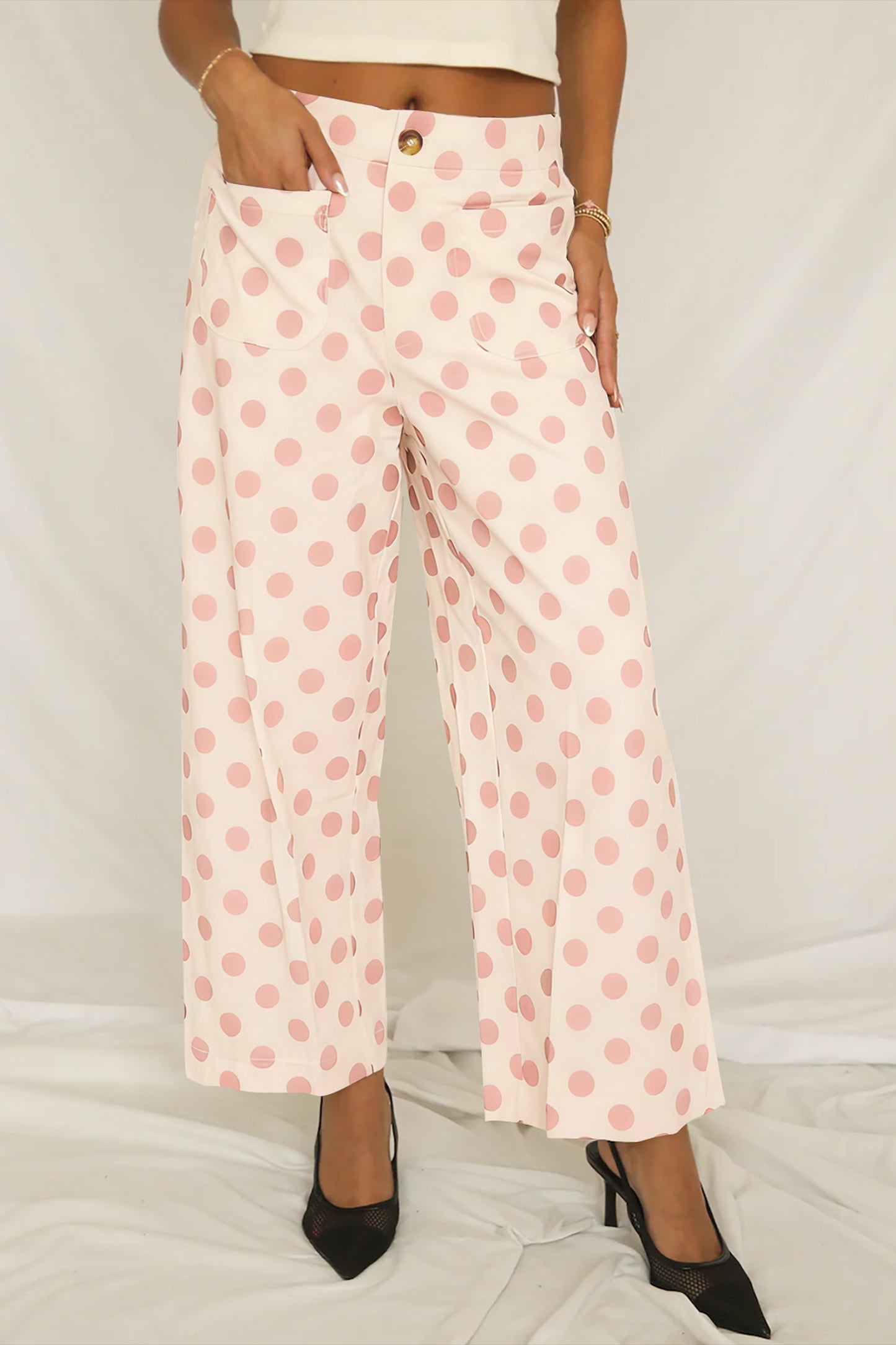 White Polka Dot Print Patched Pocket Loose Pants-Bottoms/Pants & Culotte-[Adult]-[Female]-White-S-2022 Online Blue Zone Planet