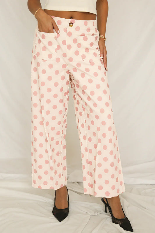 White Polka Dot Print Patched Pocket Loose Pants-Bottoms/Pants & Culotte-[Adult]-[Female]-White-S-2022 Online Blue Zone Planet