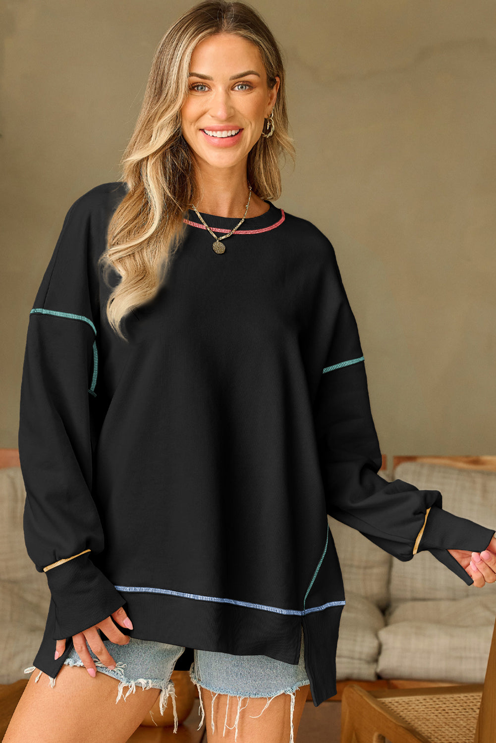 Black Contrast Stitching Split Baggy Sweatshirt-Tops/Sweatshirts & Hoodies-[Adult]-[Female]-Black-S-2022 Online Blue Zone Planet