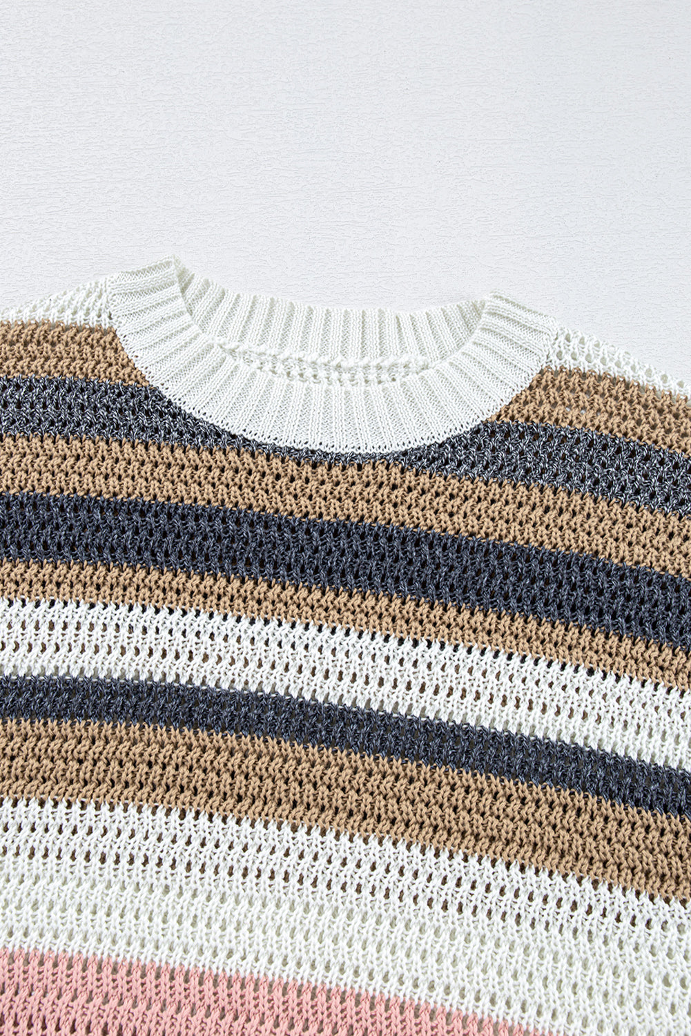 Blue Zone Planet | Pink Stripe Colorblock Eyelet Knit Short Sleeve Sweater Tee-Short Sleeve Sweater-[Adult]-[Female]-2022 Online Blue Zone Planet