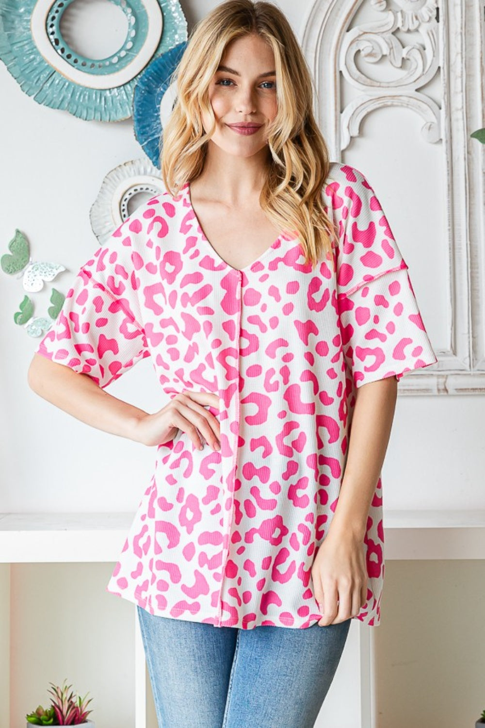 Blue Zone Planet | Heimish Full Size Leopard Exposed Seam Short Sleeve Top-TOPS / DRESSES-[Adult]-[Female]-IVORYPINK-S-2022 Online Blue Zone Planet