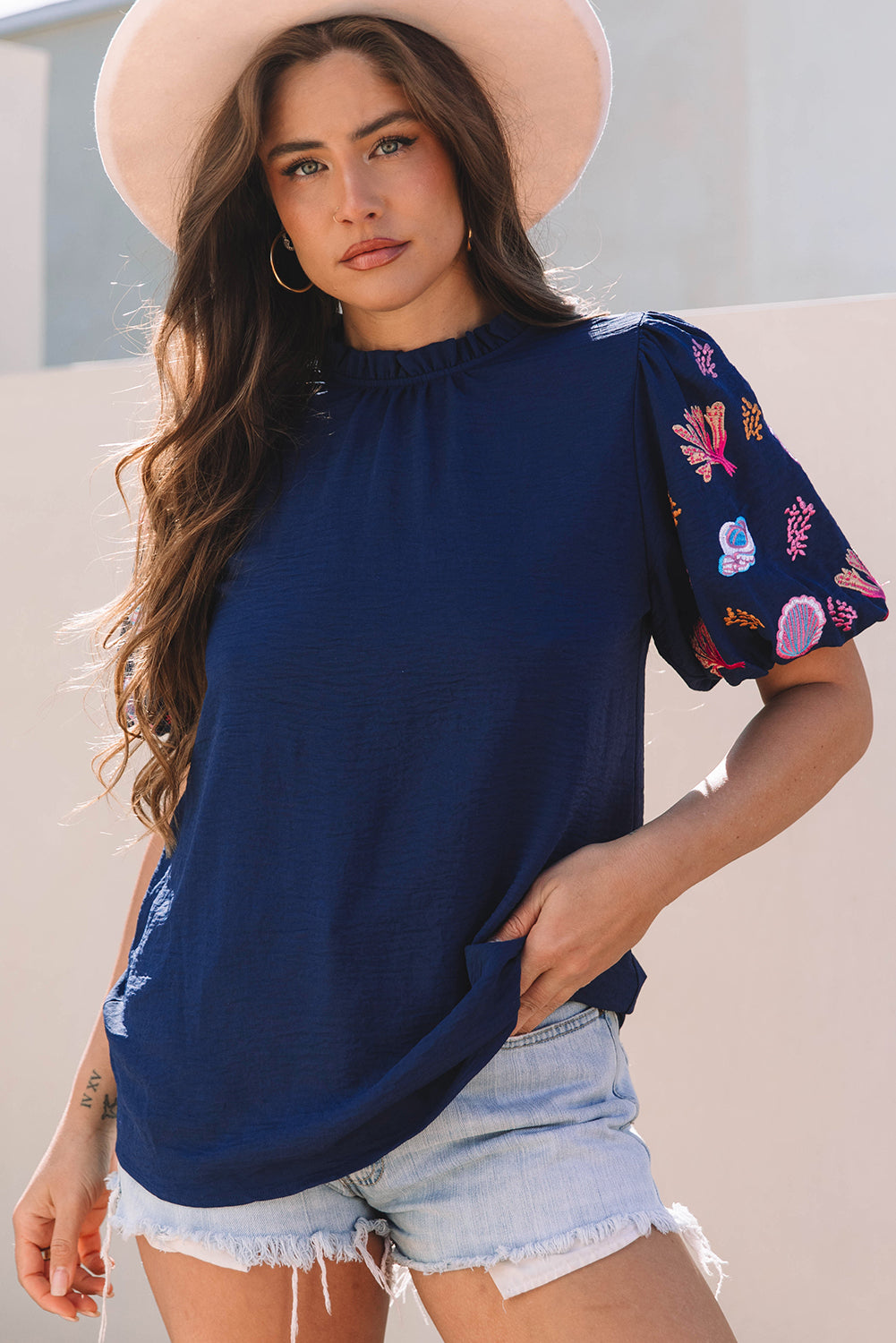 Blue Zone Planet | Sail Blue Shellfish Coral Embroidery Puff Sleeve Frilled Neck Blouse-Tops/Blouses & Shirts-[Adult]-[Female]-2022 Online Blue Zone Planet