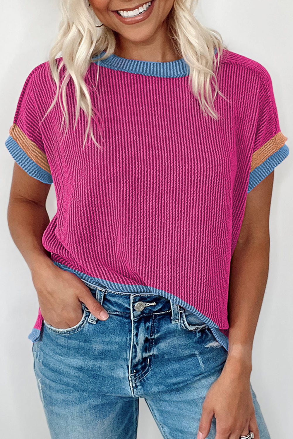 Rose Red Textured Contrast Trim Round Neck T Shirt-Tops/Tops & Tees-[Adult]-[Female]-Bright Pink-S-2022 Online Blue Zone Planet