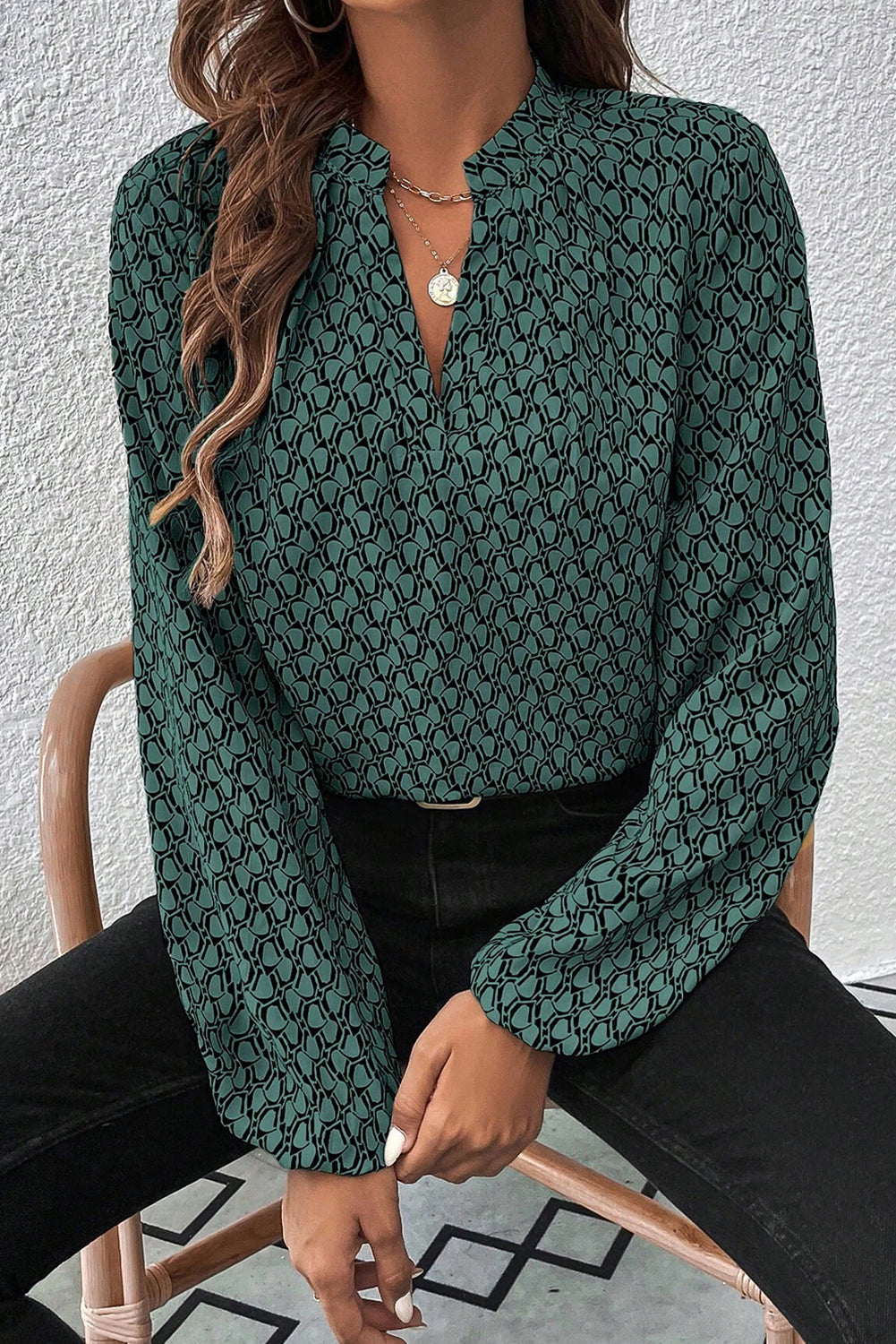 Green Geometric Print Notched Neck Long Sleeve Blouse-Blouses-[Adult]-[Female]-Green-S-2022 Online Blue Zone Planet