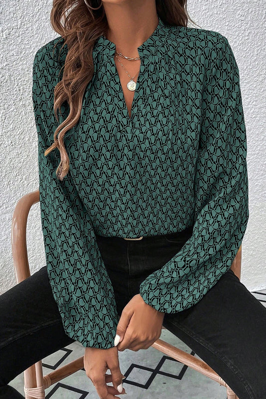 Green Geometric Print Notched Neck Long Sleeve Blouse-Blouses-[Adult]-[Female]-Green-S-2022 Online Blue Zone Planet