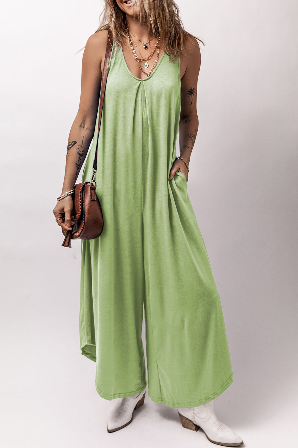 Grass Green Sleeveless V Neck Pocketed Wide Leg Jumpsuit-Bottoms/Jumpsuits & Rompers-[Adult]-[Female]-2022 Online Blue Zone Planet