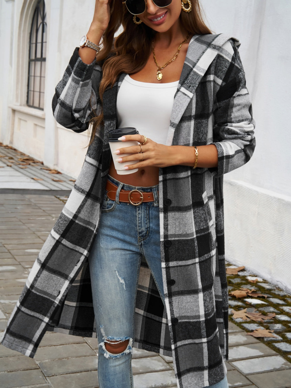 Plaid Long Sleeve Hooded Coat-TOPS / DRESSES-[Adult]-[Female]-Dark Gray-S-2022 Online Blue Zone Planet