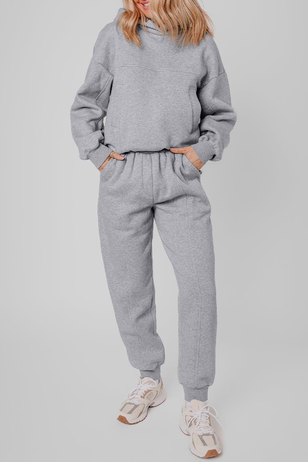 Navy Blue Solid Exposed Seams Hoodie and Joggers Activewear Set-Activewear/Activewear Sets-[Adult]-[Female]-Gray-S-2022 Online Blue Zone Planet