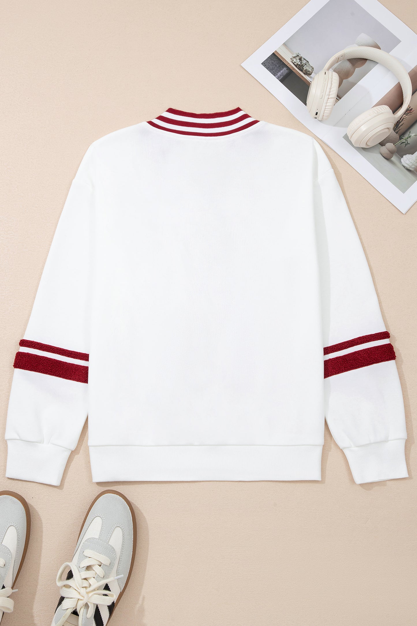 Red Dahlia Chenille Letter A Graphic Varsity Striped V Neck Puff Sleeve Sweatshirt-Tops/Sweatshirts & Hoodies-[Adult]-[Female]-2022 Online Blue Zone Planet