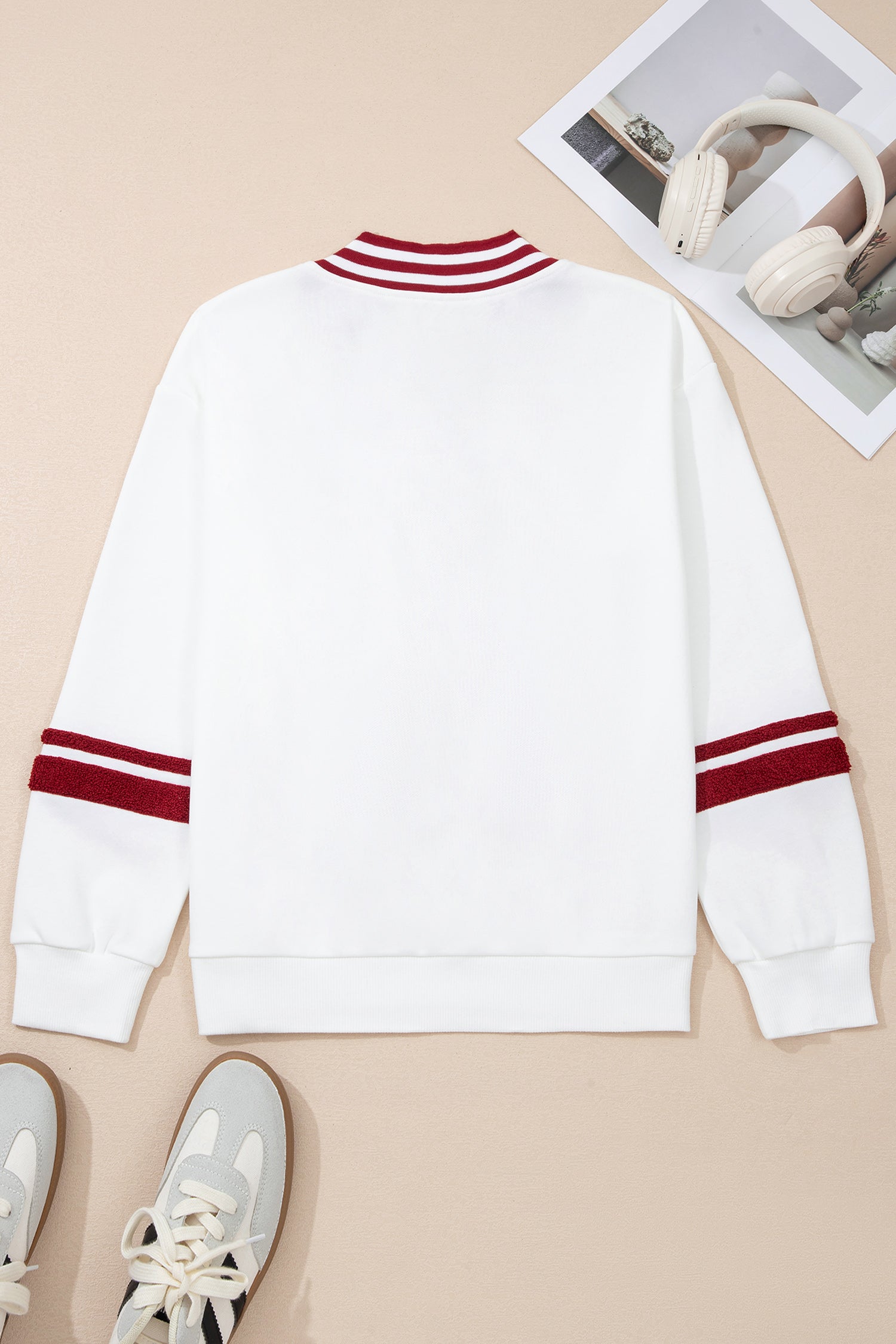 Red Dahlia Chenille Letter A Graphic Varsity Striped V Neck Puff Sleeve Sweatshirt-Tops/Sweatshirts & Hoodies-[Adult]-[Female]-2022 Online Blue Zone Planet