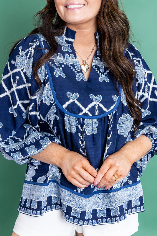 Blue Plus Size Floral Printed Notched Neck Long Sleeve Blouse-Plus Size/Plus Size Tops/Plus Size Blouses & Shirts-[Adult]-[Female]-2022 Online Blue Zone Planet