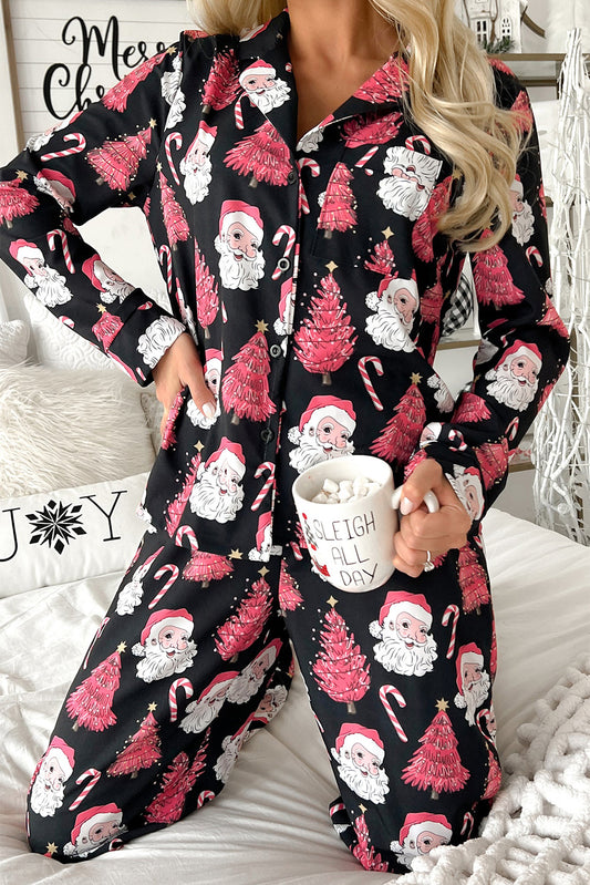 Black Christmas Santa Printed Two Piece Pajamas Set-Loungewear & Sleepwear/Sleepwear-[Adult]-[Female]-Black-S-2022 Online Blue Zone Planet