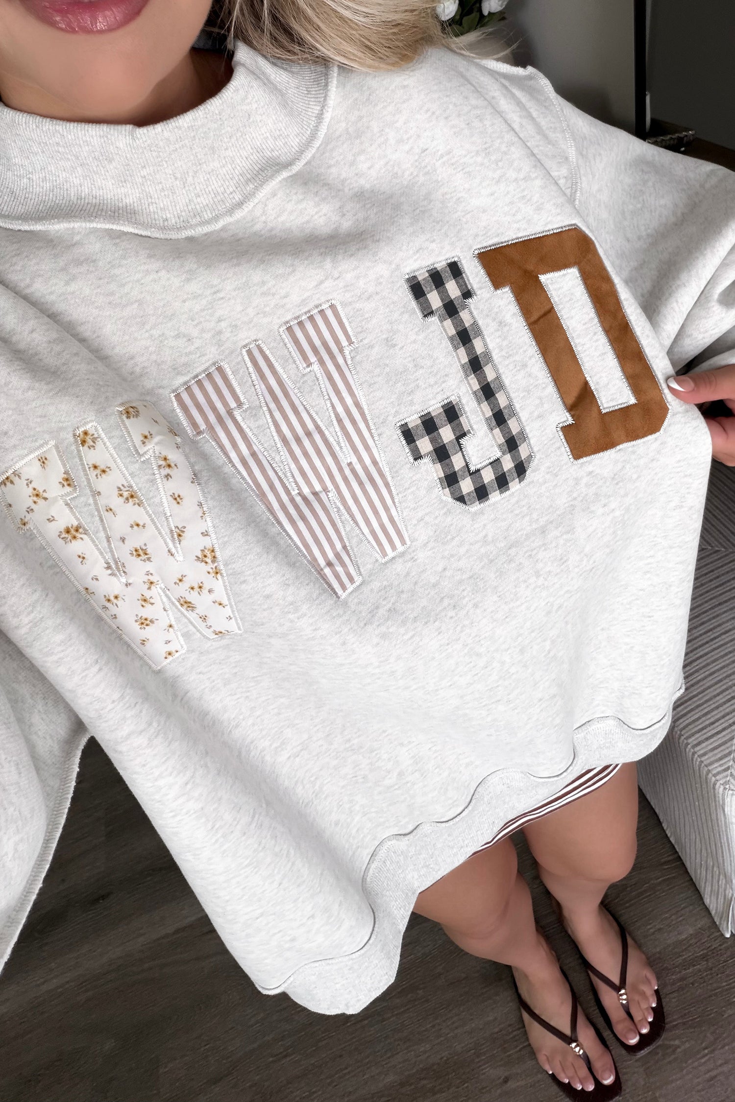 Gray WWJD Mixed Pattern Embroidered Patch Graphic Mock Neck Sweatshirt-Tops/Sweatshirts & Hoodies-[Adult]-[Female]-2022 Online Blue Zone Planet