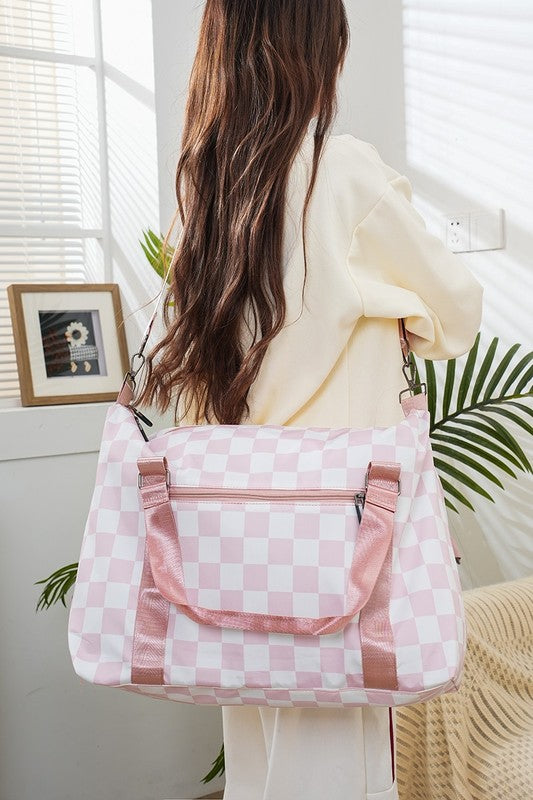 Zenana Checkered Multi-Pocket Travel Bag-HANDBAGS-[Adult]-[Female]-Blush Pink-One Size-2022 Online Blue Zone Planet