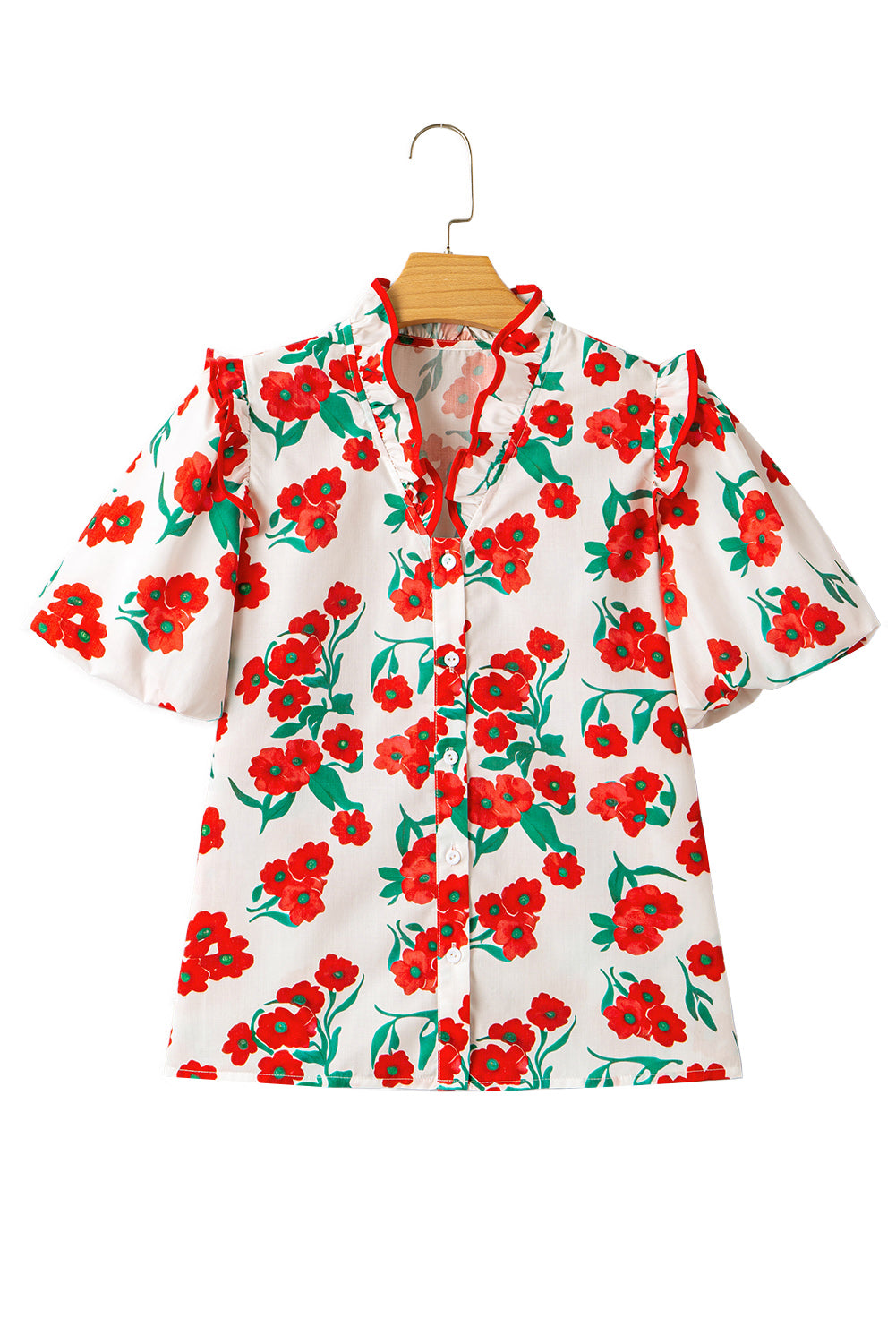Red Floral Print Ruffled Puff Sleeve Elegant Summer Shirt-Tops/Blouses & Shirts-[Adult]-[Female]-2022 Online Blue Zone Planet