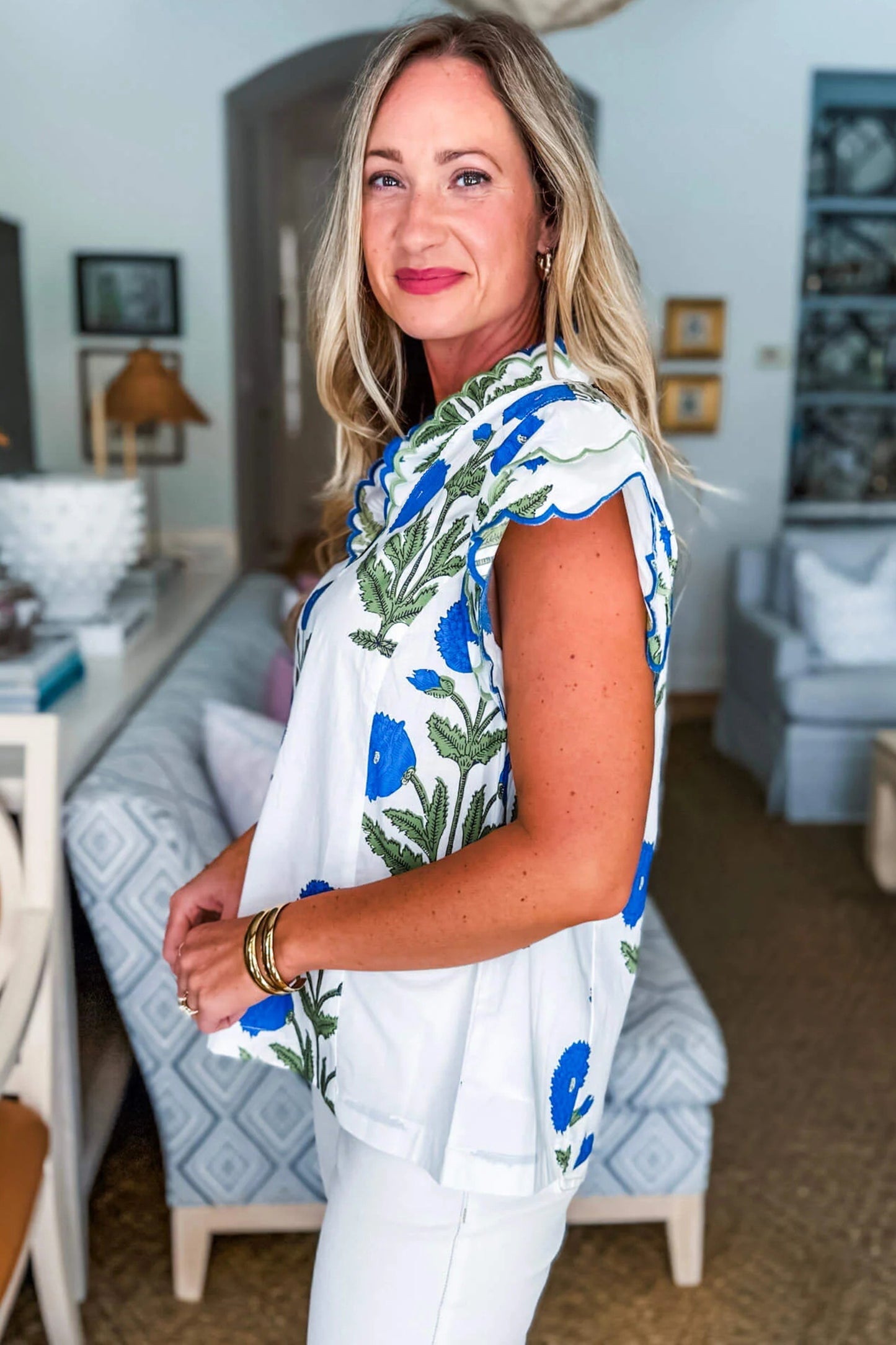 Blue Wild Flower Print Contrast Trim Scallop Detail Short Sleeve Blouse-Tops/Blouses & Shirts-[Adult]-[Female]-2022 Online Blue Zone Planet