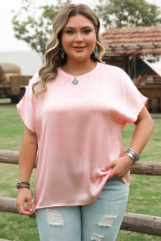 Pink Metallic Gloss Short Batwing Sleeve Plus Size Top-Plus Size/Plus Size Tops/Plus Size Tops & Tees-[Adult]-[Female]-Pink-1X-2022 Online Blue Zone Planet