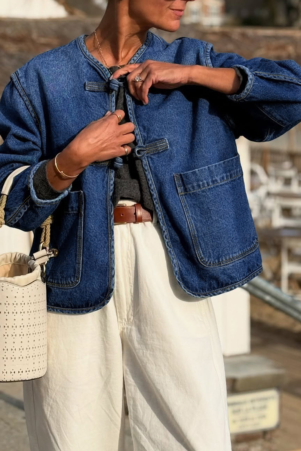 Sail Blue Vintage Fastening Big Patched Pockets Straight Cut Deep Wash Denim Jacket-Outerwear/Denim jackets-[Adult]-[Female]-2022 Online Blue Zone Planet