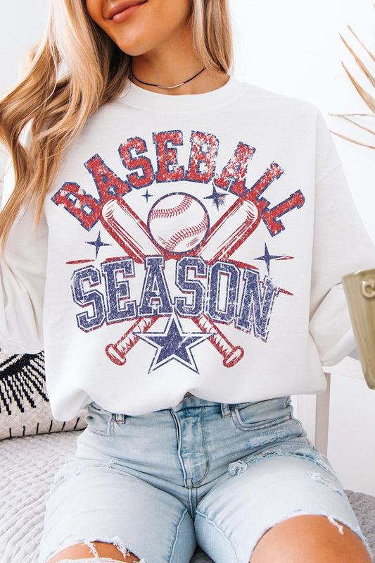 White BASEBALL SEASON Vintage Print Graphic Sweatshirt-Graphic/Graphic Sweatshirts-[Adult]-[Female]-White-S-2022 Online Blue Zone Planet