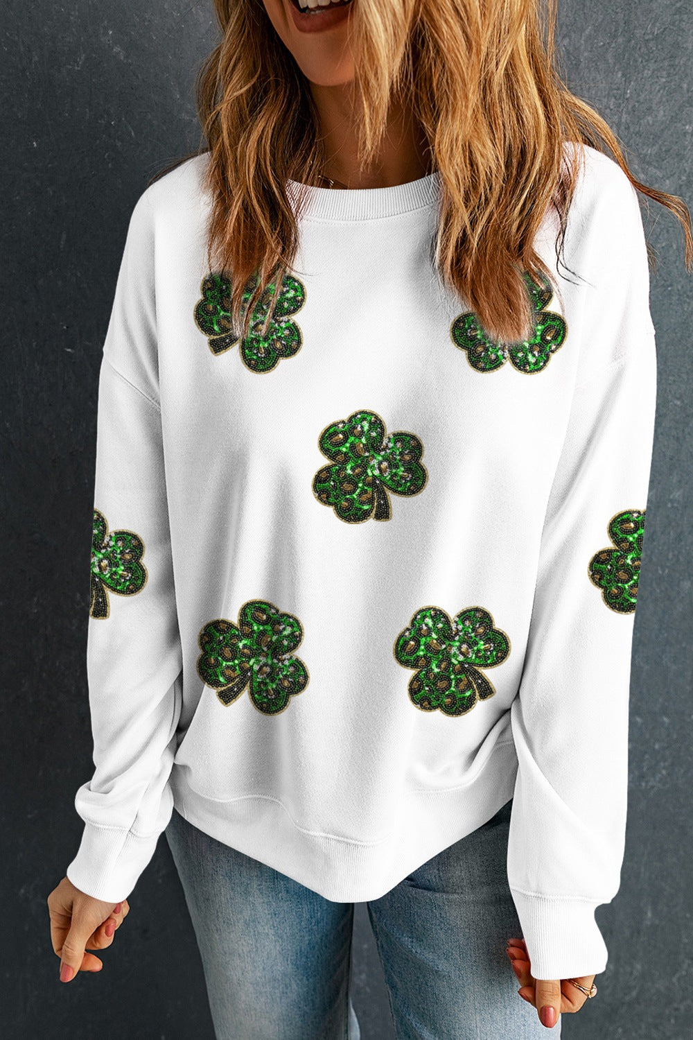 Sequin Lucky Clover Long Sleeve Sweatshirt-TOPS / DRESSES-[Adult]-[Female]-2022 Online Blue Zone Planet