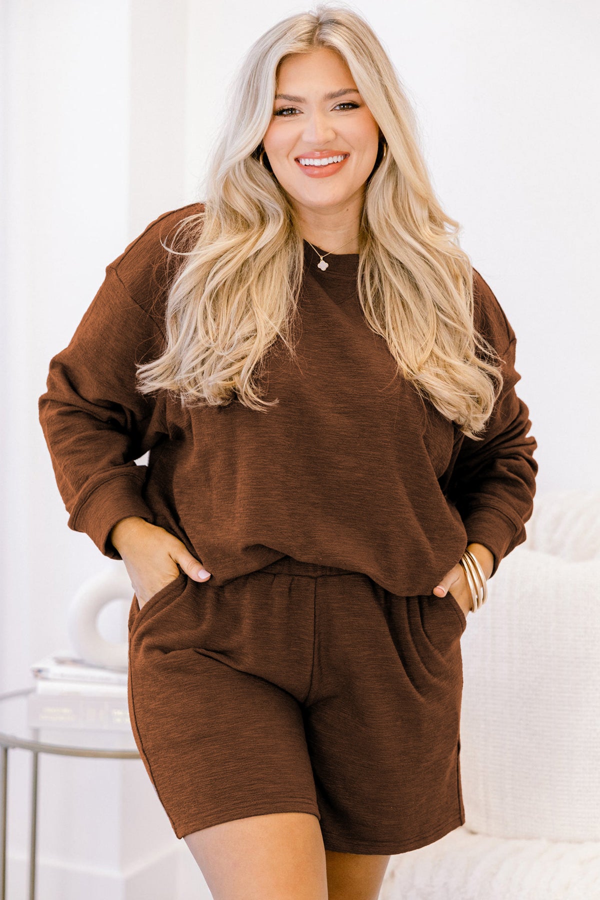 Chestnut Drop Shoulder Long Sleeve Top Elastic Waist Shorts Plus Size Set-Plus Size/Plus Size Loungewear-[Adult]-[Female]-2022 Online Blue Zone Planet