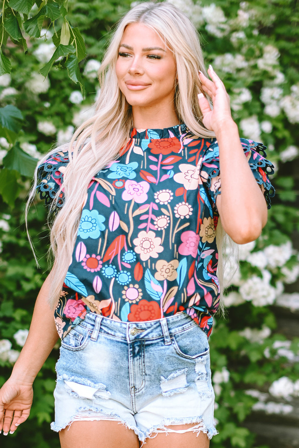 Green Trimmed Ruffle Sleeve Summer Floral Blouse-Tops/Blouses & Shirts-[Adult]-[Female]-2022 Online Blue Zone Planet