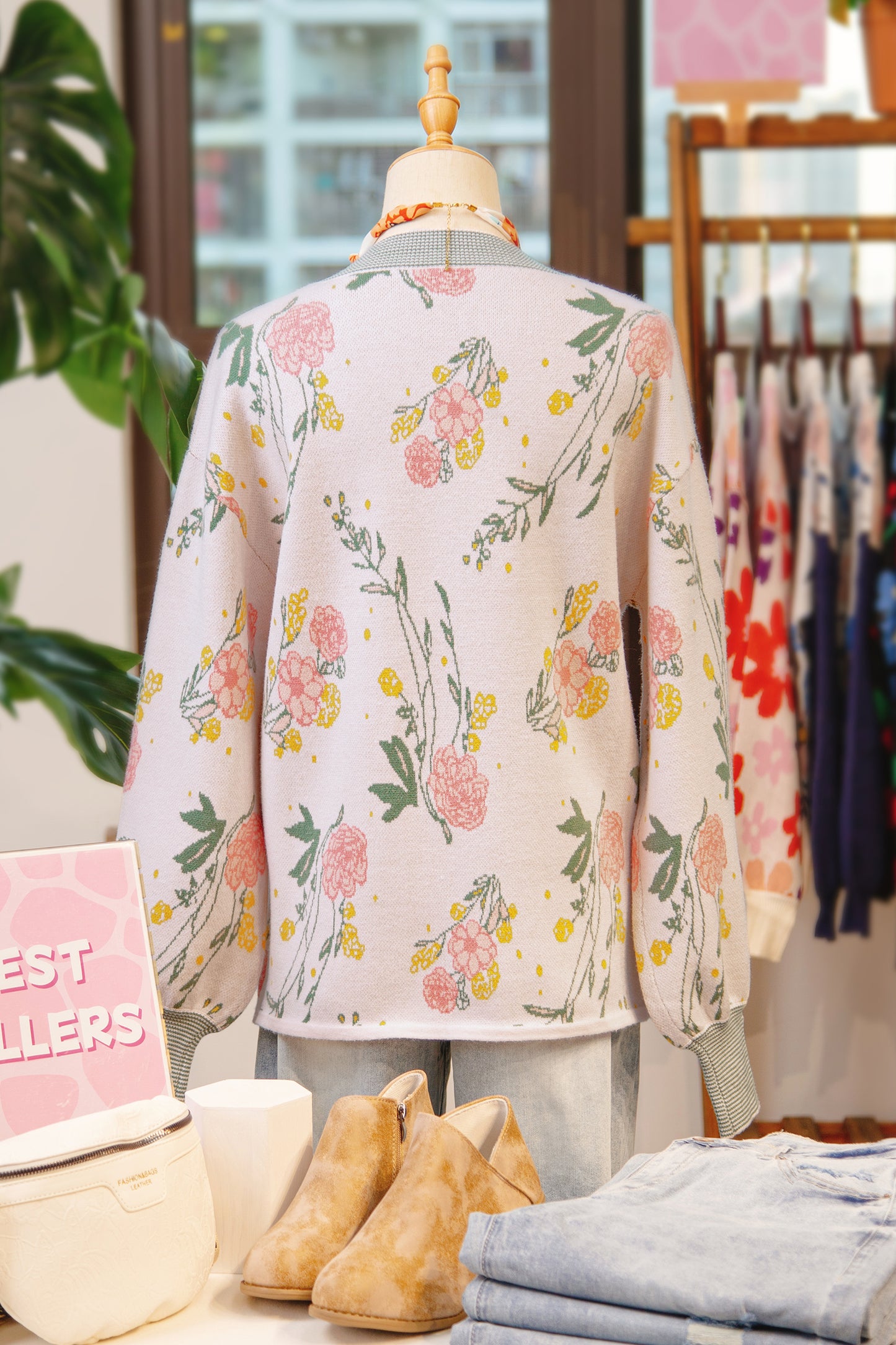 Pink Floral Pattern Striped V Neck Loose Sweater-TOPS / DRESSES-[Adult]-[Female]-2022 Online Blue Zone Planet