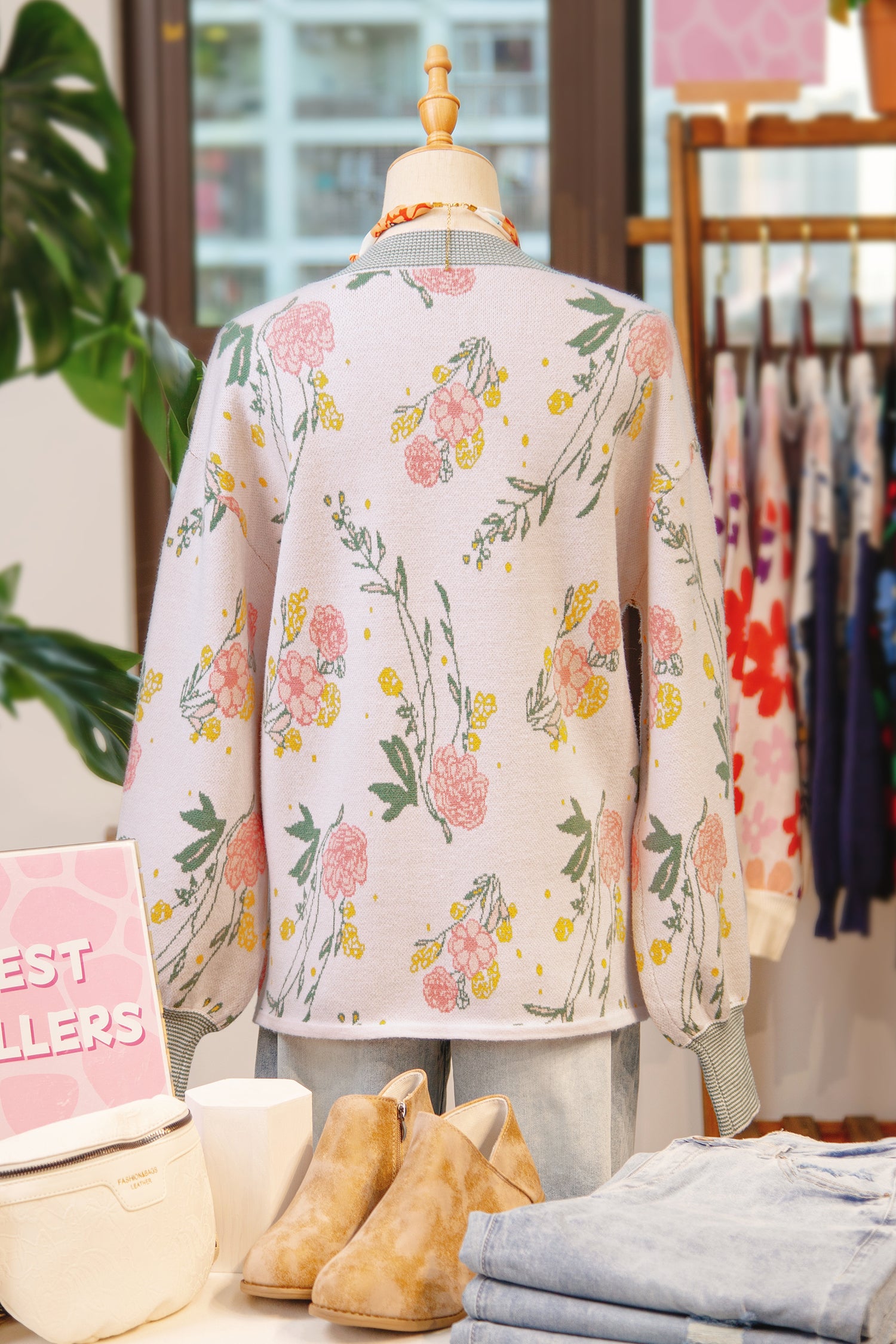 Pink Floral Pattern Striped V Neck Loose Sweater-TOPS / DRESSES-[Adult]-[Female]-2022 Online Blue Zone Planet