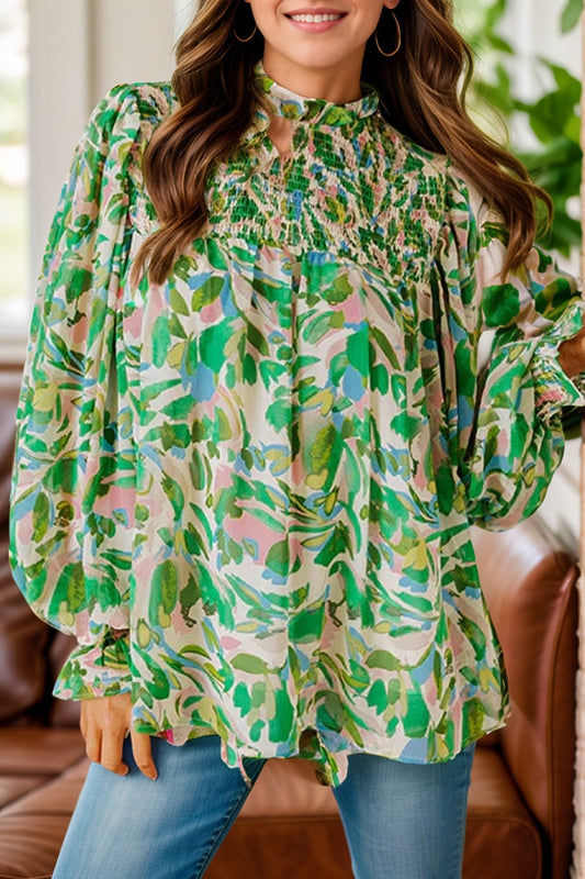 Frill Printed Mock Neck Flounce Sleeve Blouse-TOPS / DRESSES-[Adult]-[Female]-Green-S-2022 Online Blue Zone Planet