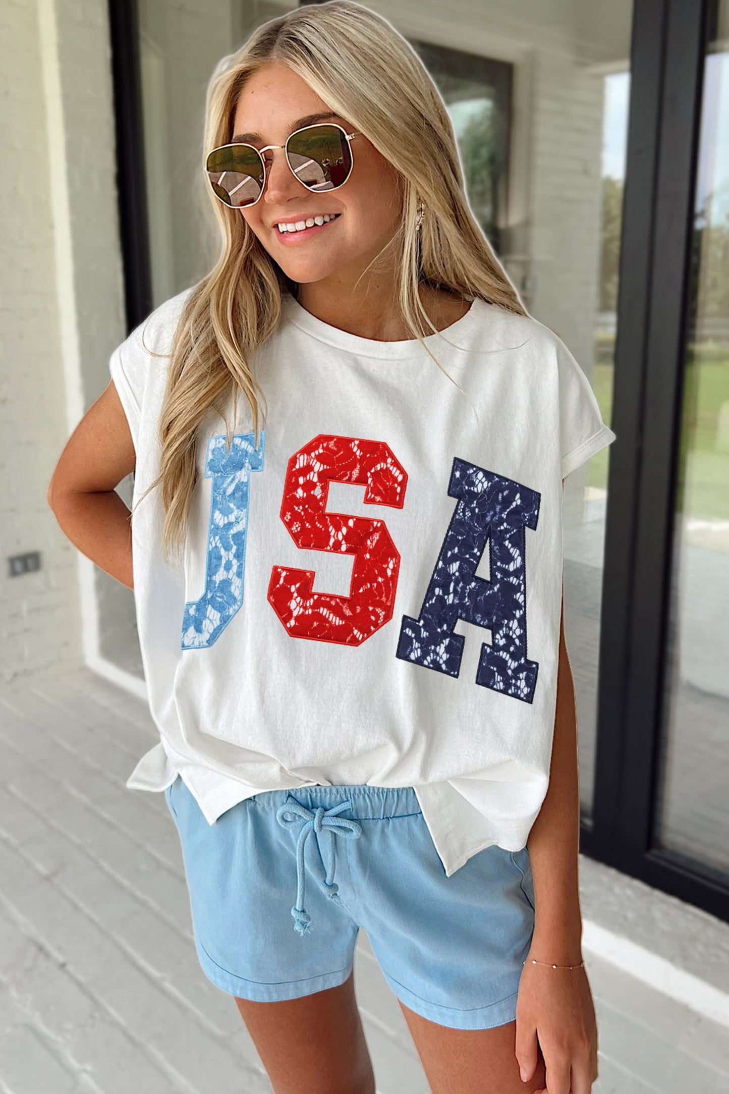 White USA Color Block Letter Printed Dolman Tee-Tops/Tops & Tees-[Adult]-[Female]-2022 Online Blue Zone Planet