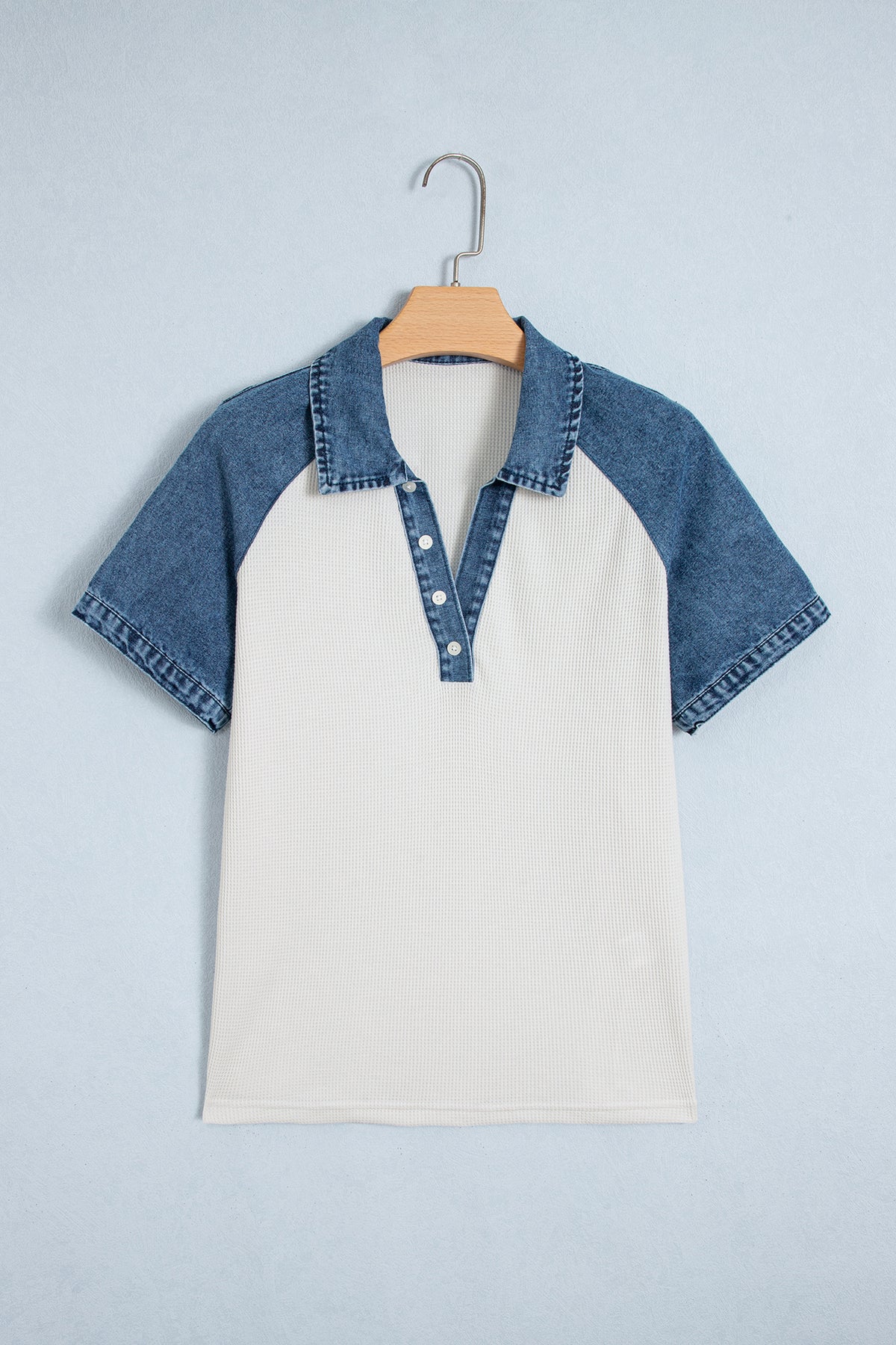 White Textured Color Block Denim Patchwork Polo Collar Tee-Tops/Tops & Tees-[Adult]-[Female]-2022 Online Blue Zone Planet